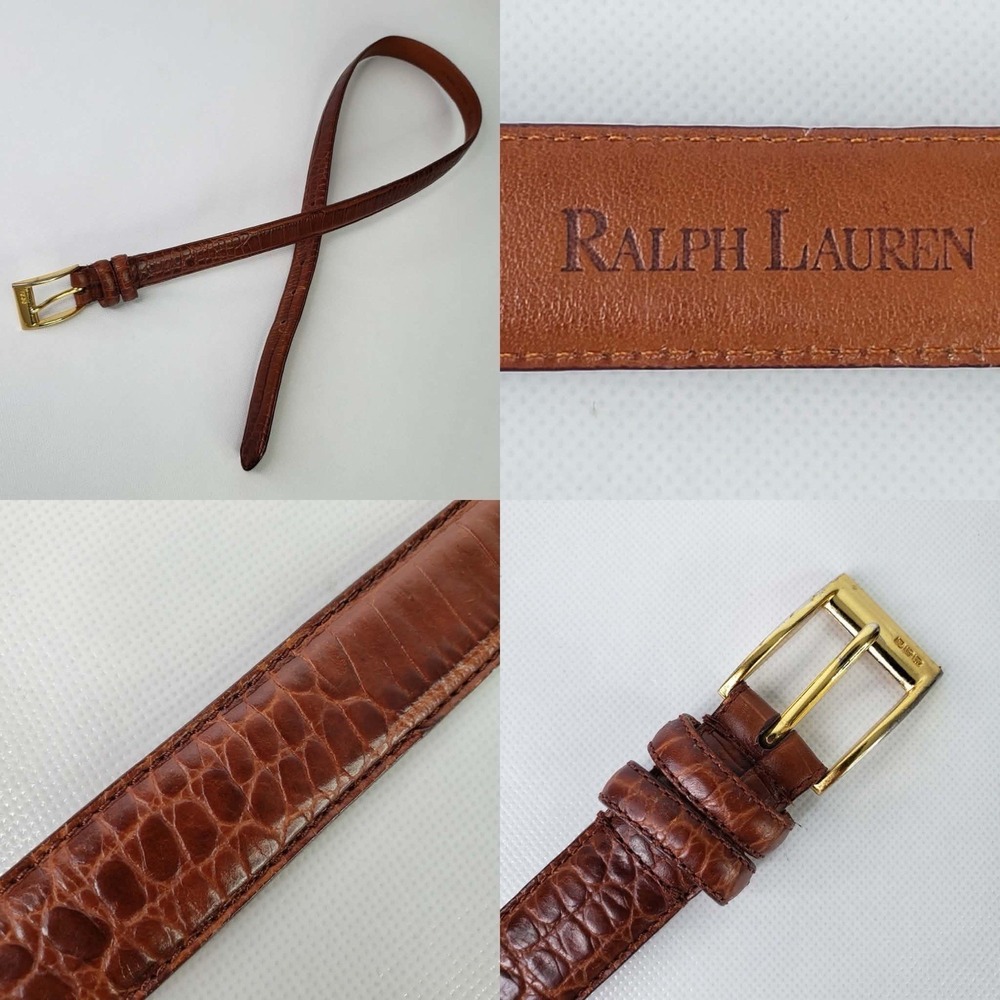 Polo Ralph Lauren Belt Womens 30 Brown Crocodile Embossed Leather Gold Buckle